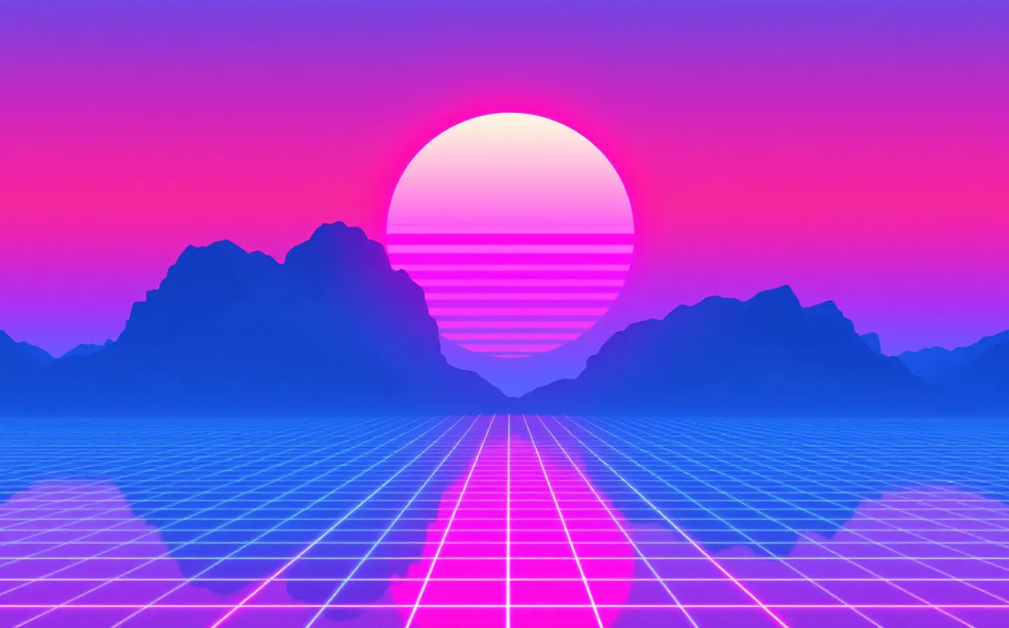 Vaporwave dusk scene — a neon-pink sun half-sunk at a magenta horizon above a receding cyan perspective grid, with an incomplete fluted column capital drifting at low opacity in the upper-right